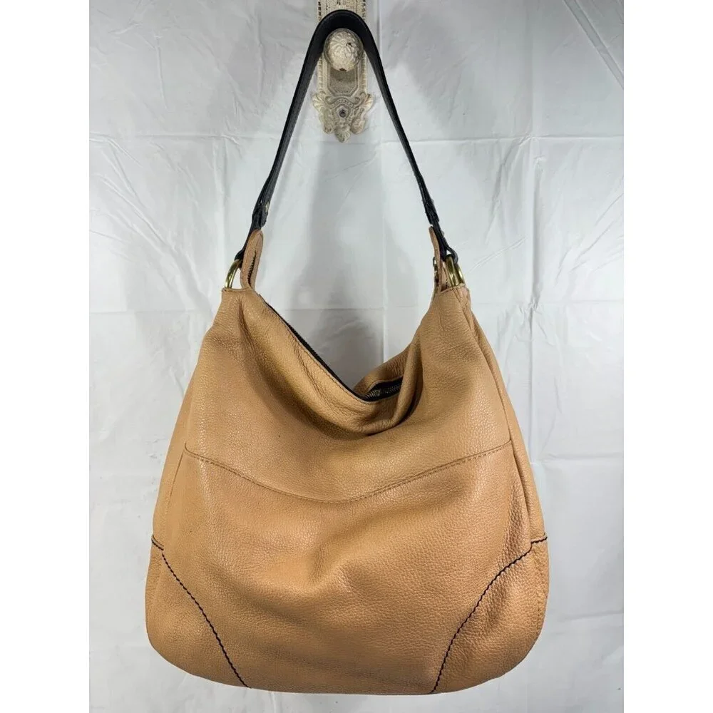 Oryany Adele Colorblock Tan & Brown Pebbled Leather Hobo Shoulder Handbag